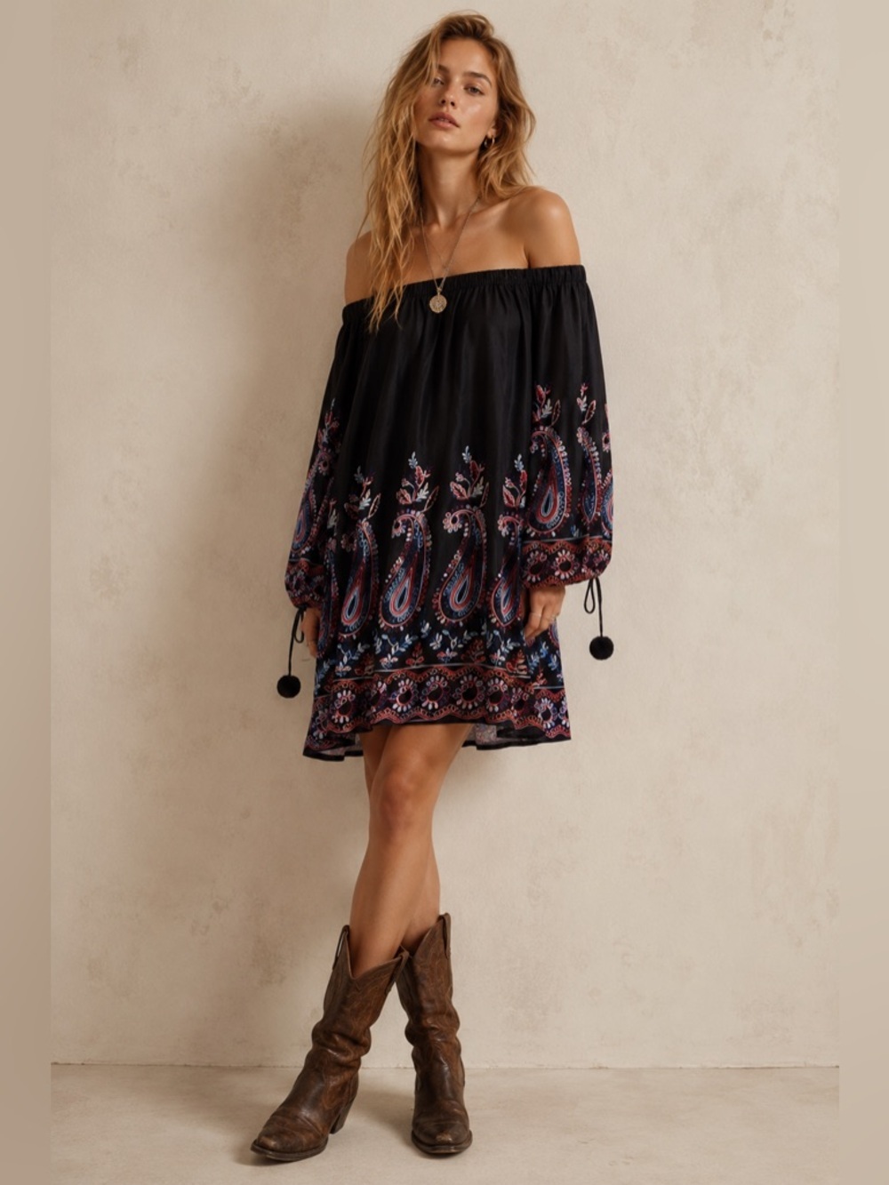 Nicole Miller Black Embroidered Boho Paisley Midi Dress Size 10